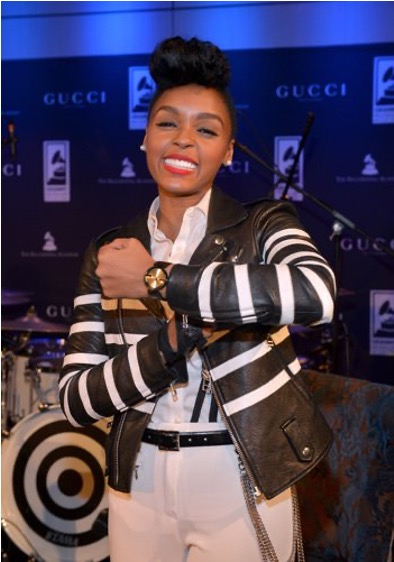 Janelle Monáe wearing a Gucci GRAMMY watch at a Gucci x Recording Academy GRAMMY Week event