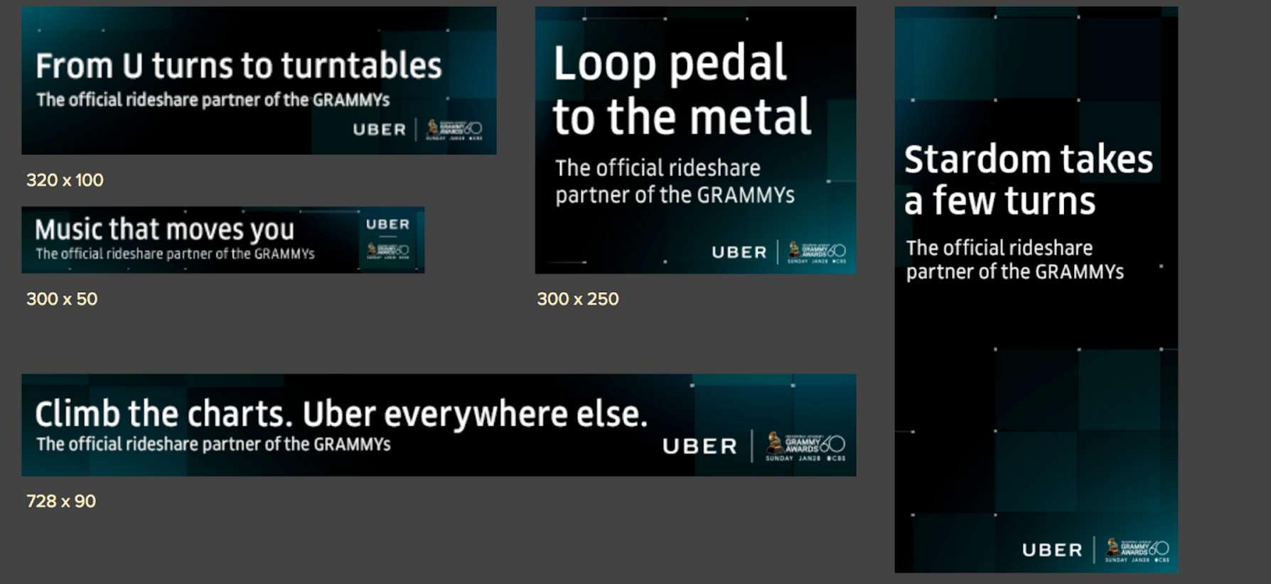 Uber x GRAMMY Awards digital advertising creative — multiple banner sizes including ‘From U turns to turntables,’ ‘Loop pedal to the metal,’ ‘Music that moves you,’ ‘Stardom takes a few turns,’ and ‘Climb the charts.’