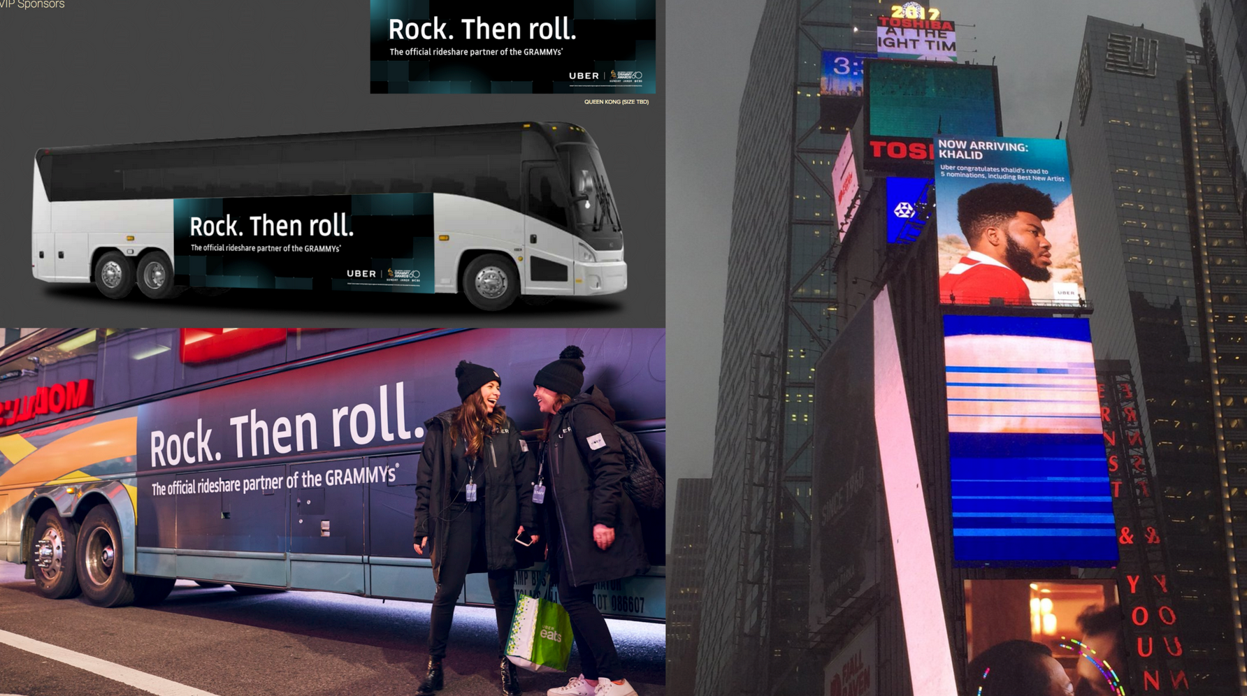 Uber x GRAMMY out-of-home advertising — ‘Rock. Then roll.’ bus wraps with Uber brand ambassadors, plus a Times Square ‘Now Arriving: Khalid’ artist billboard.