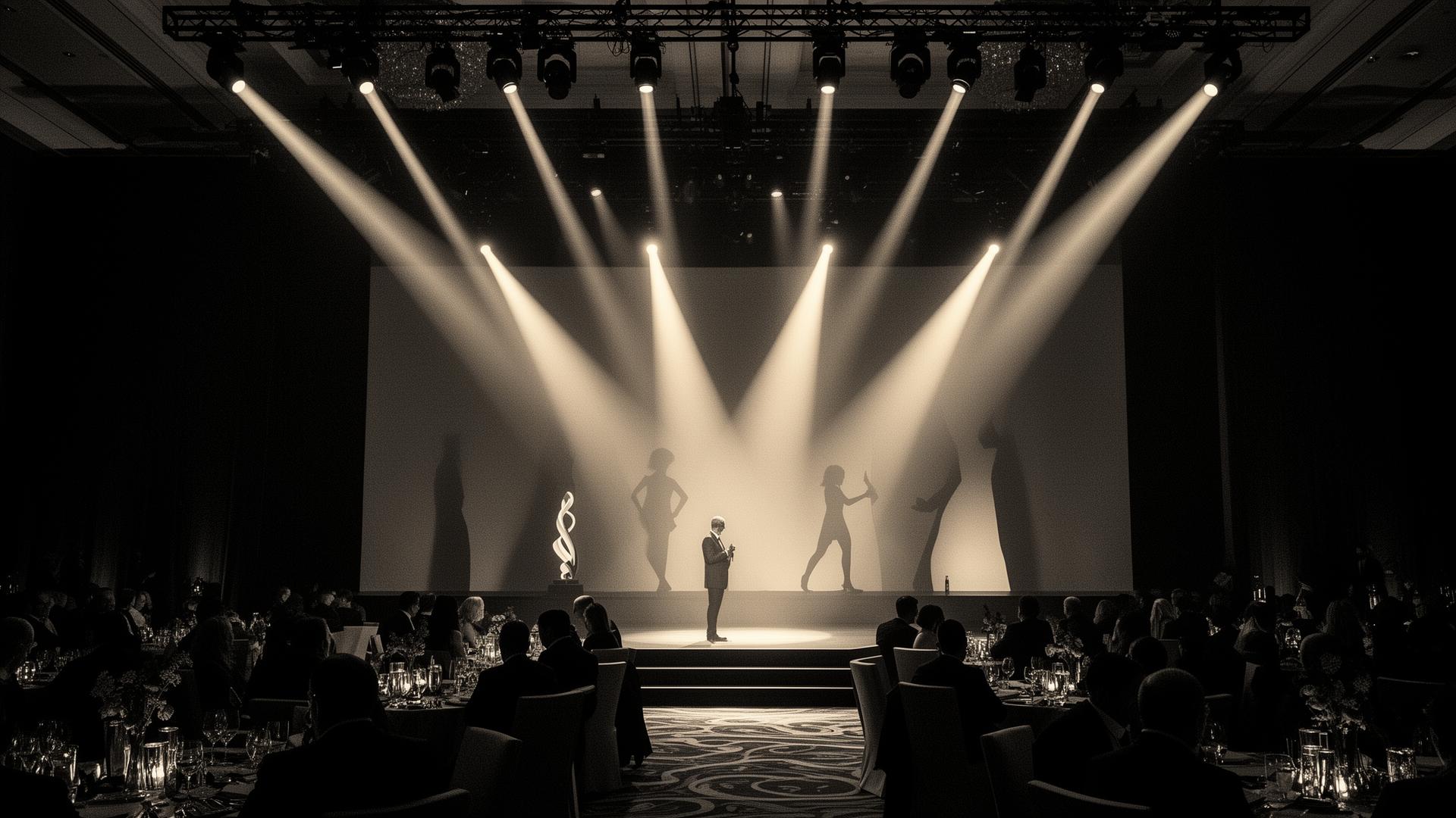Awards ceremony stage with theatrical spotlights